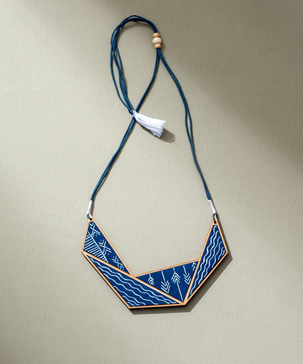 Blue connecting triangle upcycled fabric repurposed wood necklace