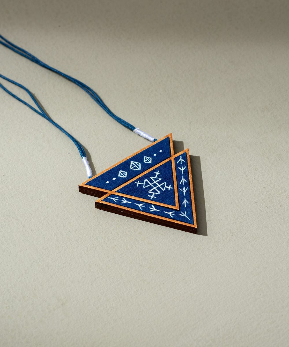 Blue upcycled fabric repurposed wood triangular necklace