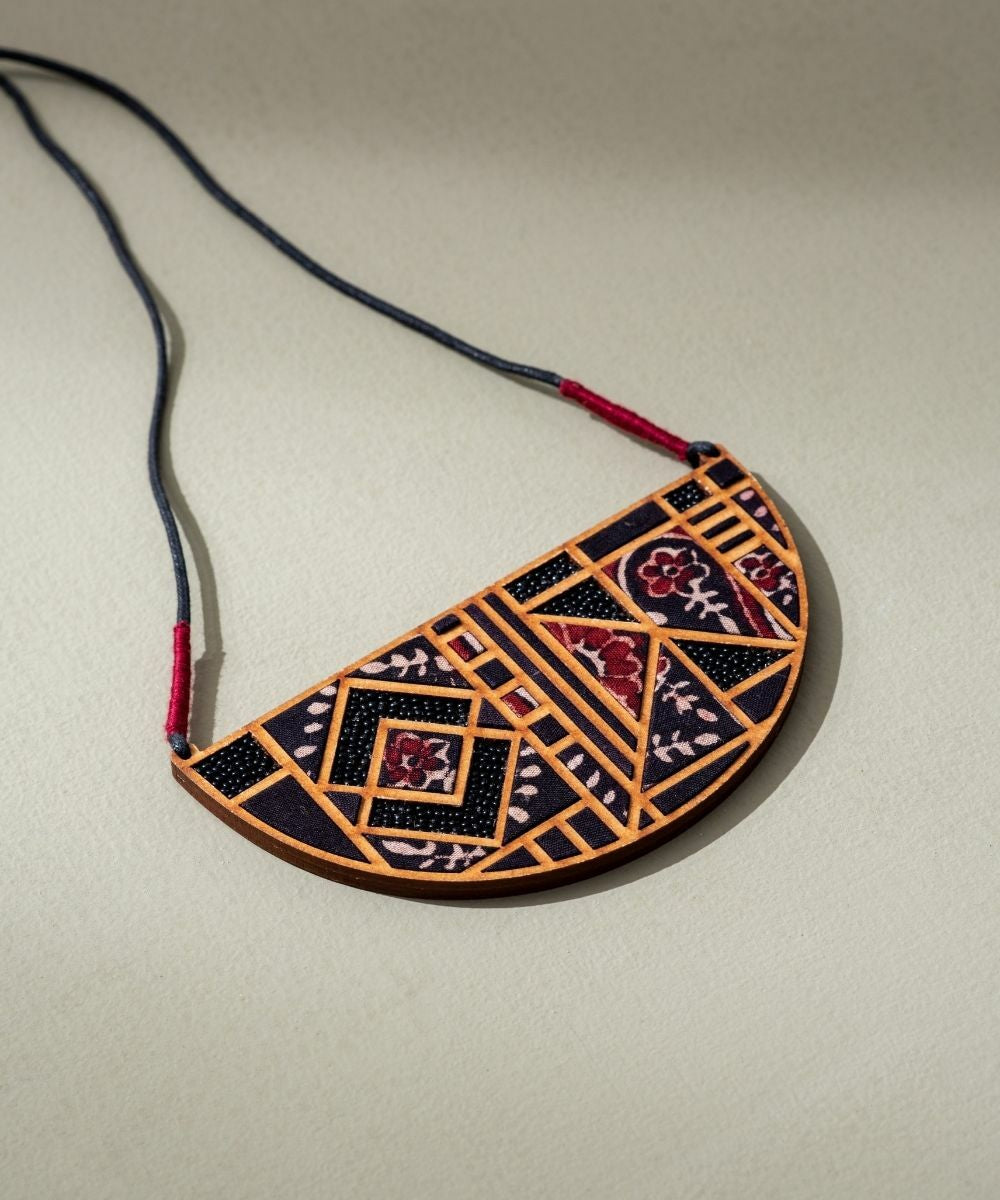 Black upcycled ajrakh fabric repurposed wood maze necklace