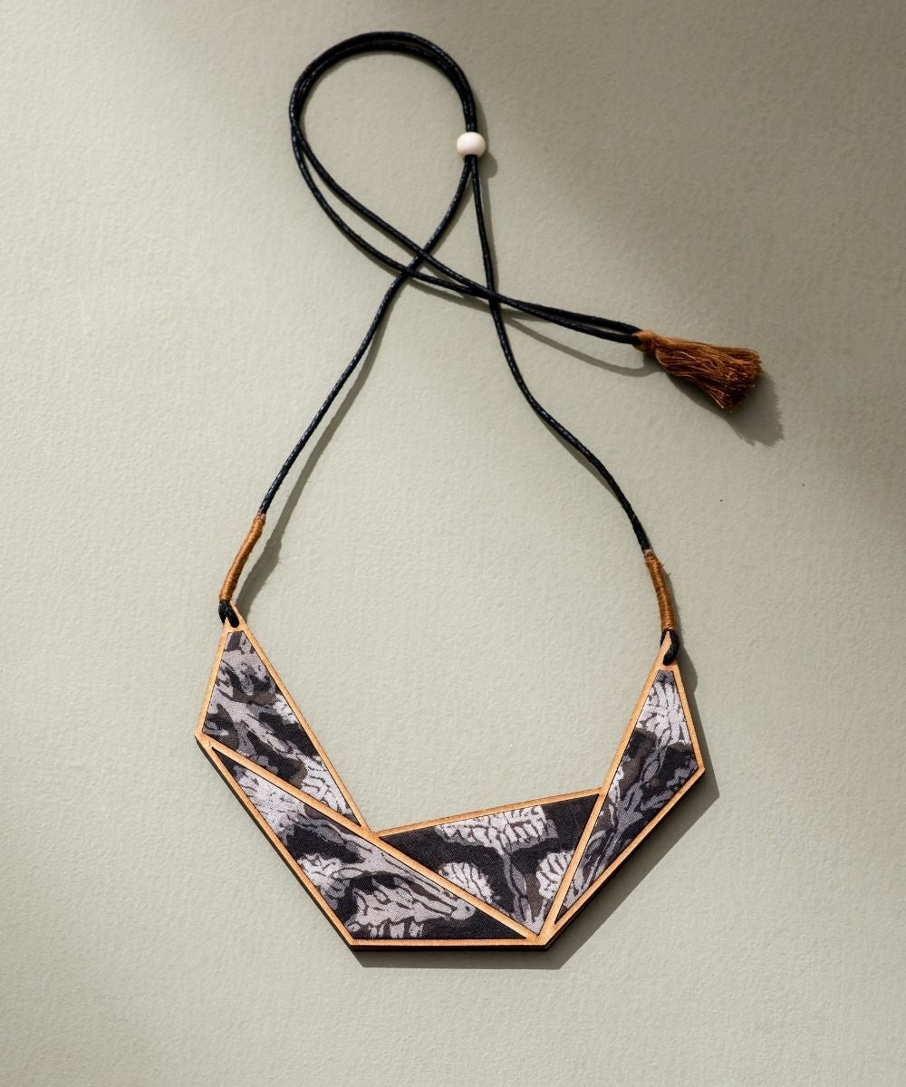 Black beige kalamkari repurposed fabric wood triangle necklace