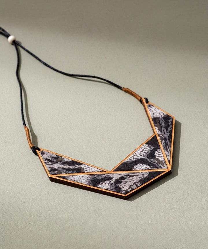 Black beige kalamkari repurposed fabric wood triangle necklace