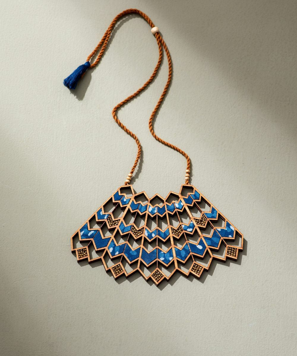 Blue wave pattern kalamkari upcycled fabric repurposed wood necklace