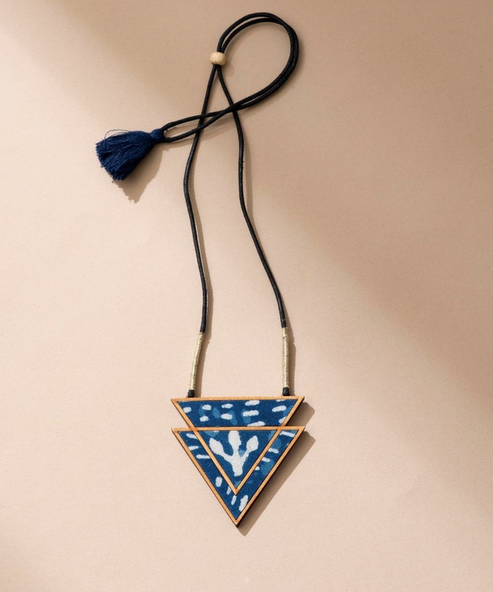 Indigo handmade upcycled fabric repurposed wood triangular necklace