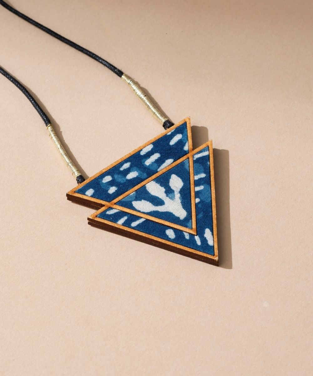 Indigo handmade upcycled fabric repurposed wood triangular necklace