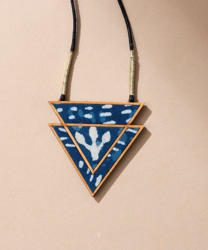 Indigo handmade upcycled fabric repurposed wood triangular necklace