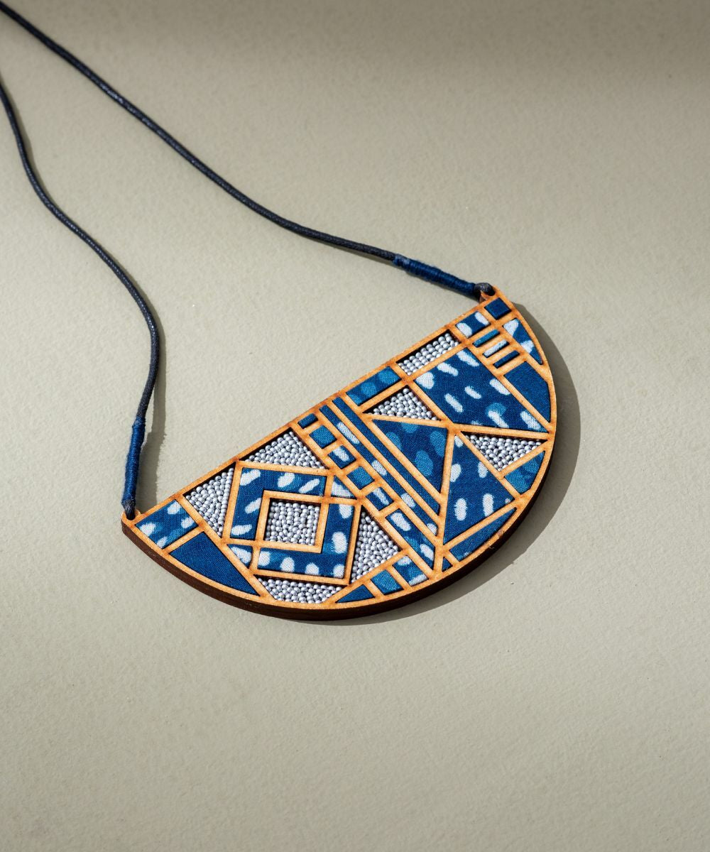 Indigo upcycled fabric repurposed wood maze necklace