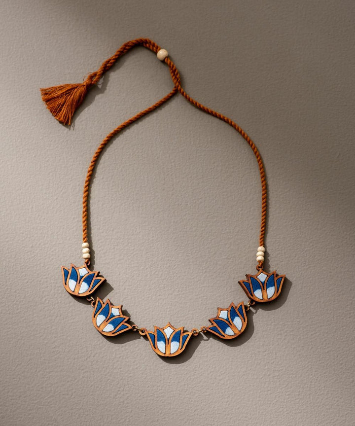Indigo handmade bloom lotus upcycled fabric repurposed wood necklace
