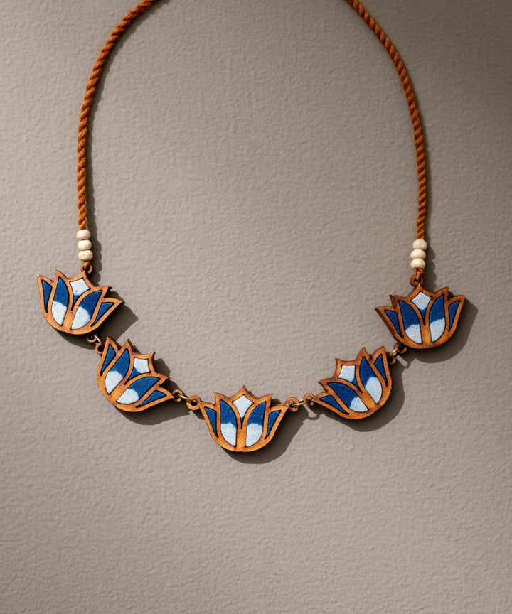 Indigo handmade bloom lotus upcycled fabric repurposed wood necklace