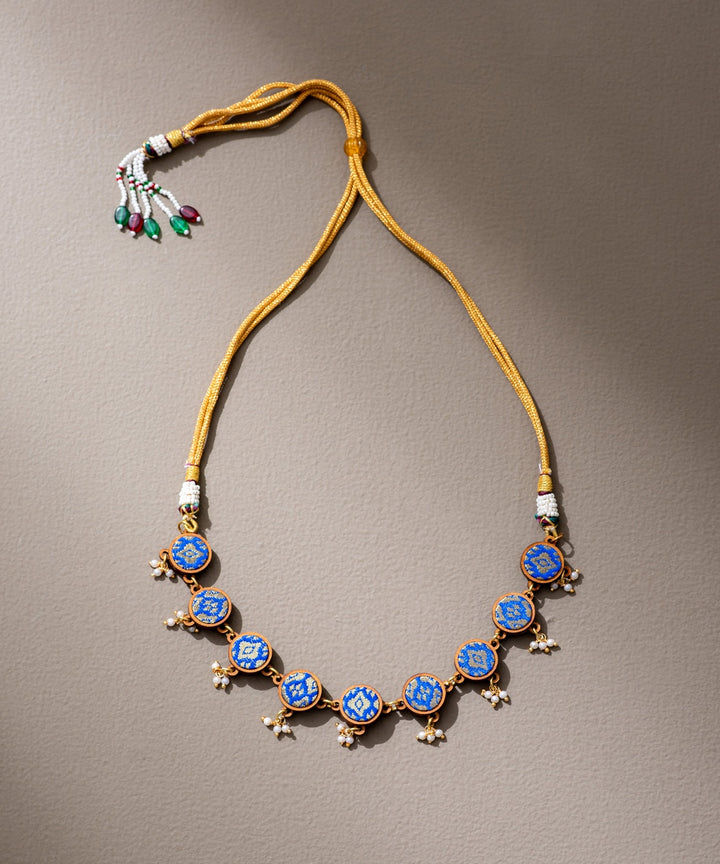 Blue brocade festive repurposed fabric wood adjustable necklace