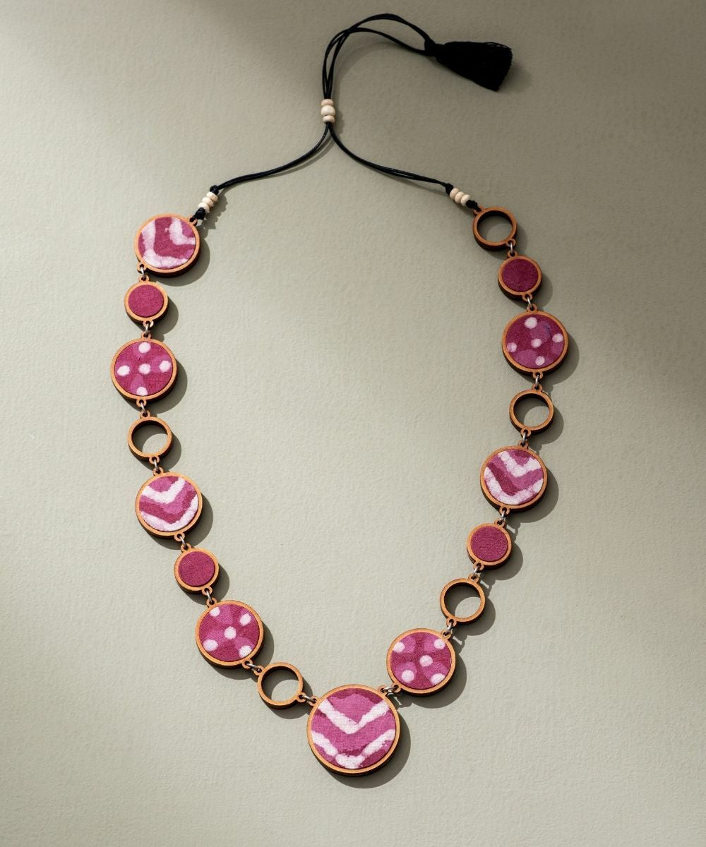 Reversible 2-in-1 pink black repurposed fabric wood necklace