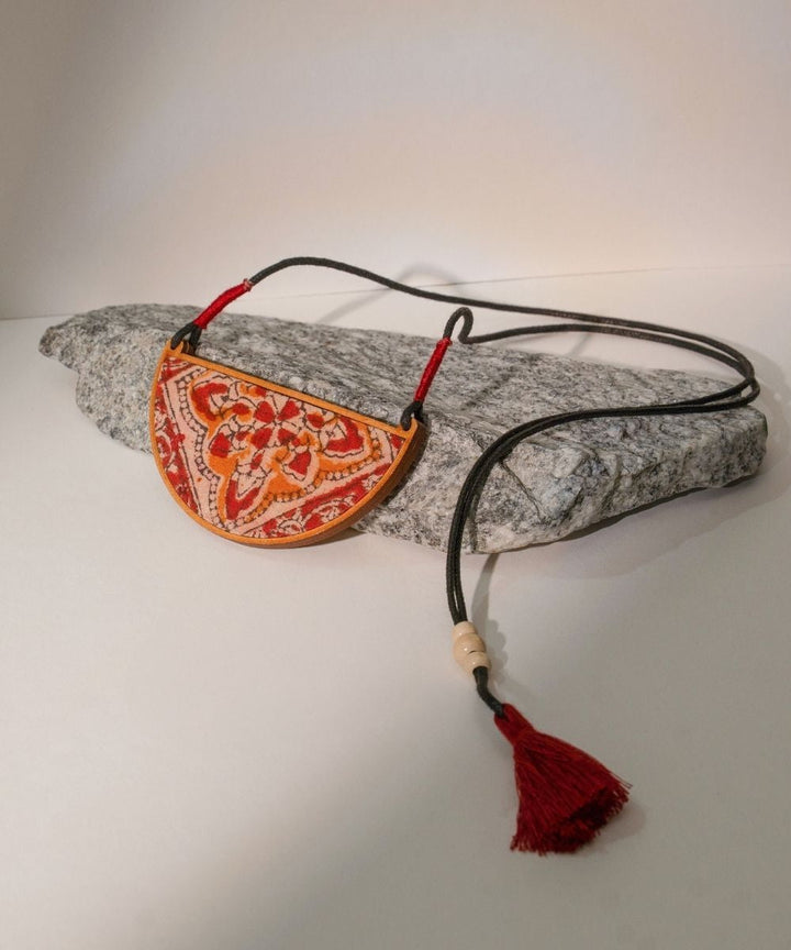 Red repurposed kalamkari fabric and repurposed wood pendant