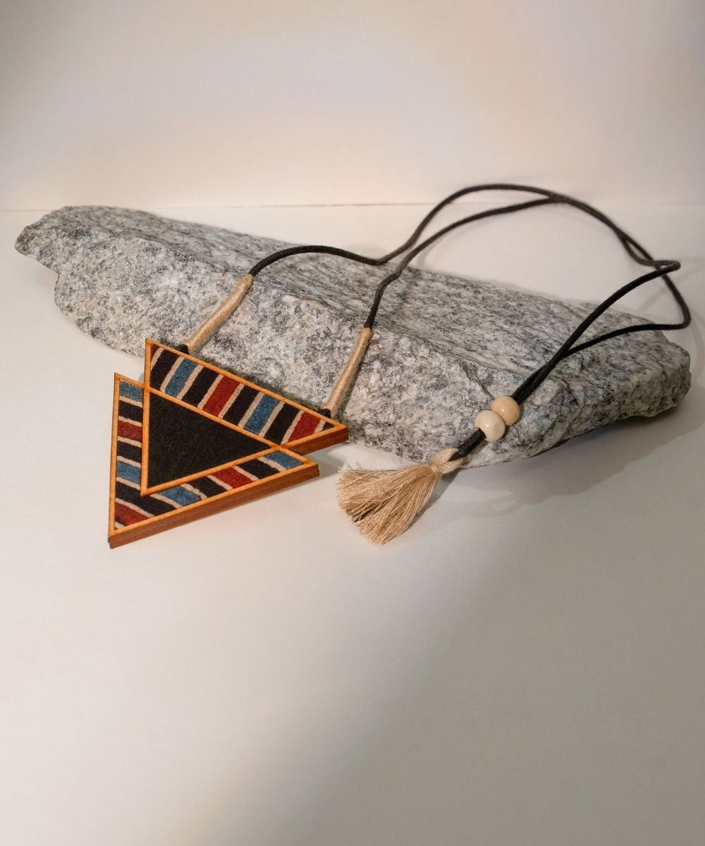 Black ajrakh repurposed fabric and wood triangular necklace