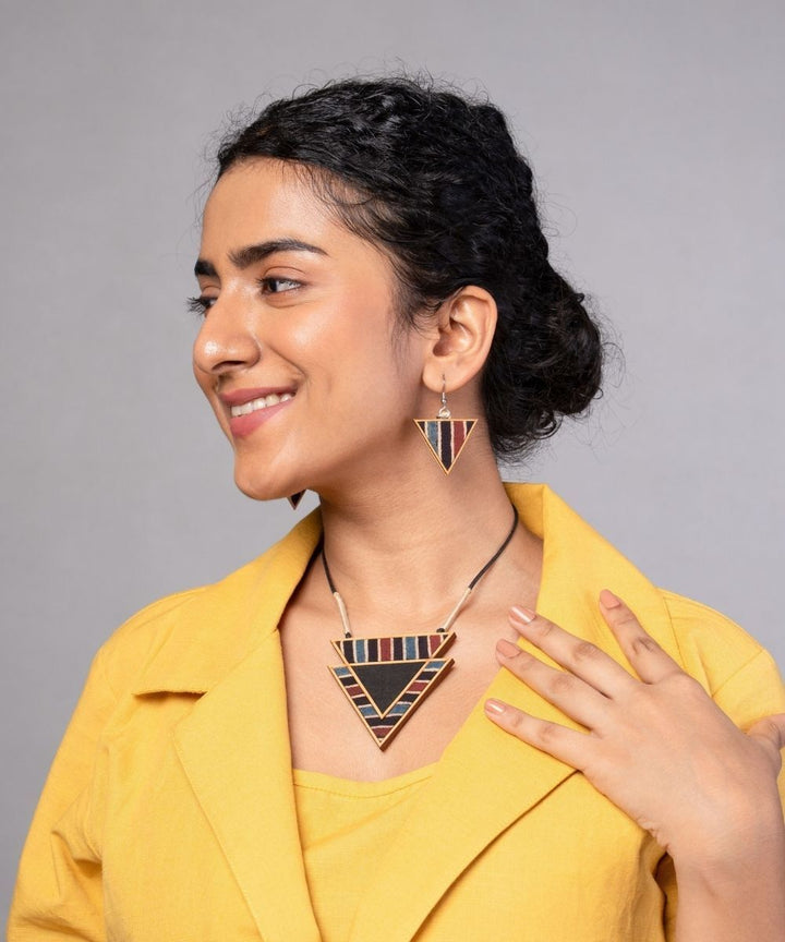 Black ajrakh repurposed fabric and wood triangular necklace