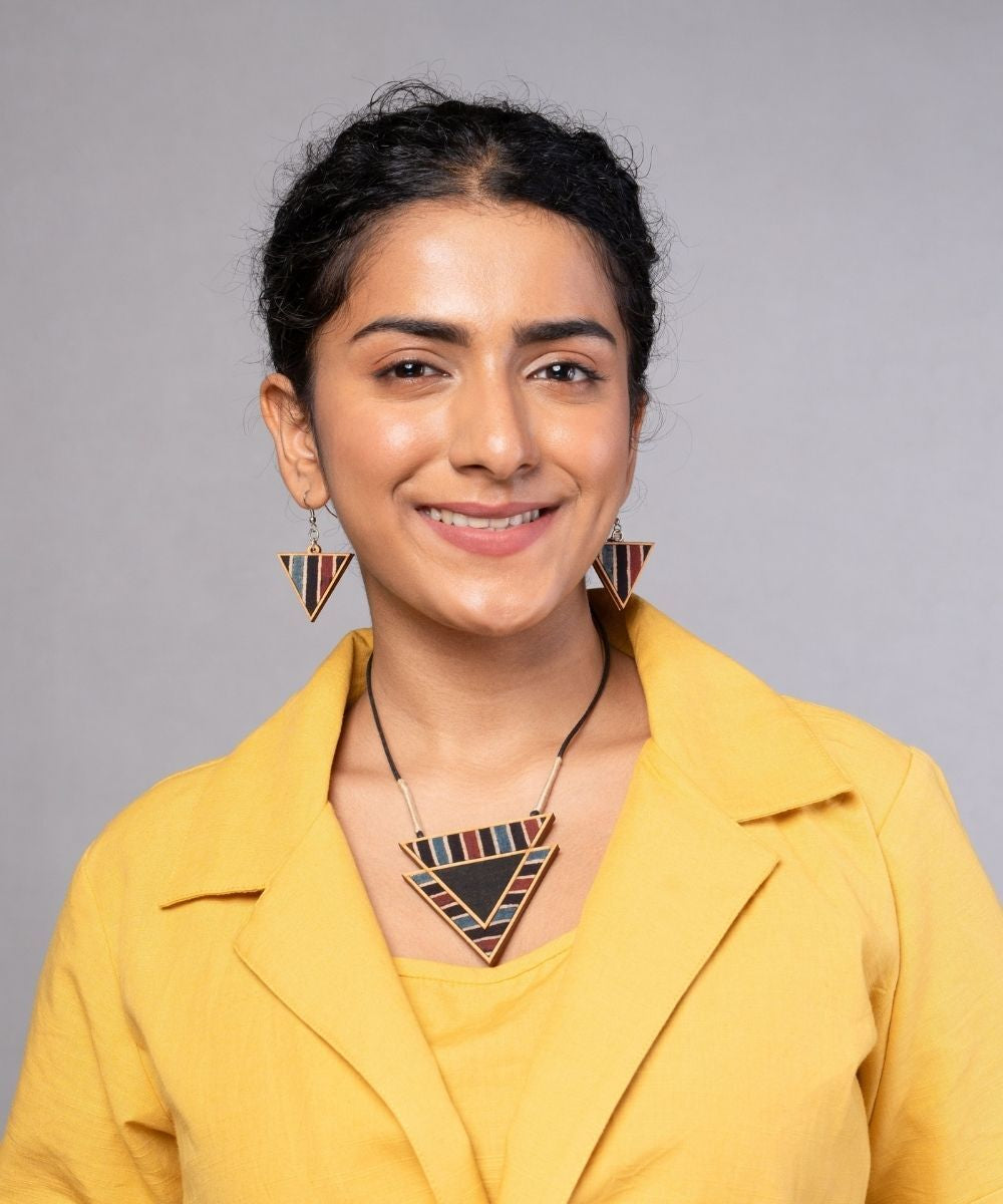 Black ajrakh repurposed fabric and wood triangular necklace
