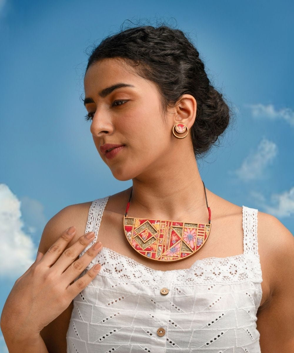 Pink bloom leaf motif repurposed fabric and wood necklace