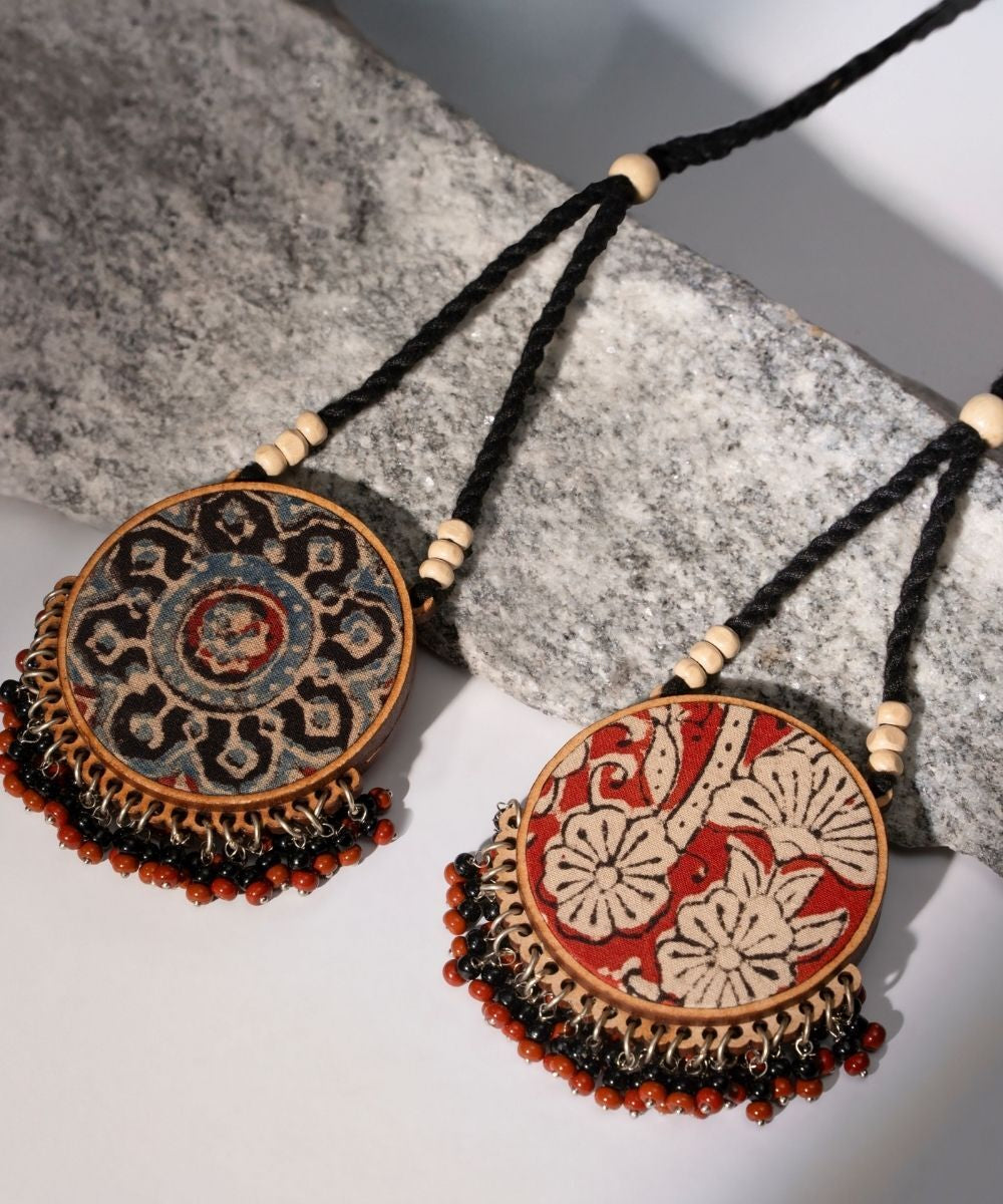 Multicolor two in one black red repurposed fabric wood round pendant