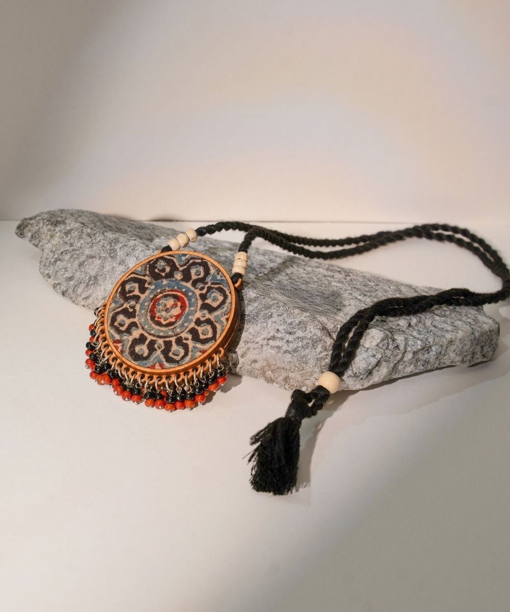 Multicolor two in one black red repurposed fabric wood round pendant