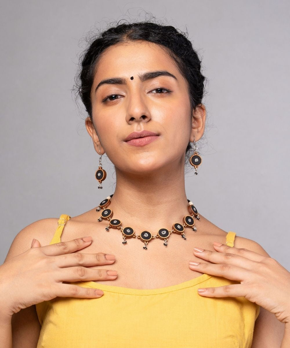 Black repurposed fabric and wood necklace