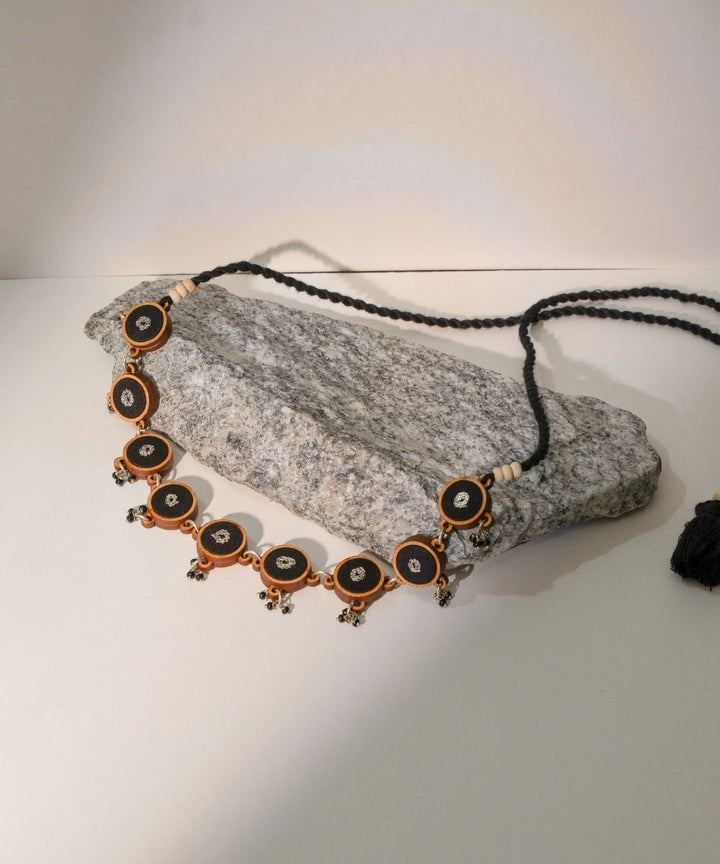 Black repurposed fabric and wood necklace