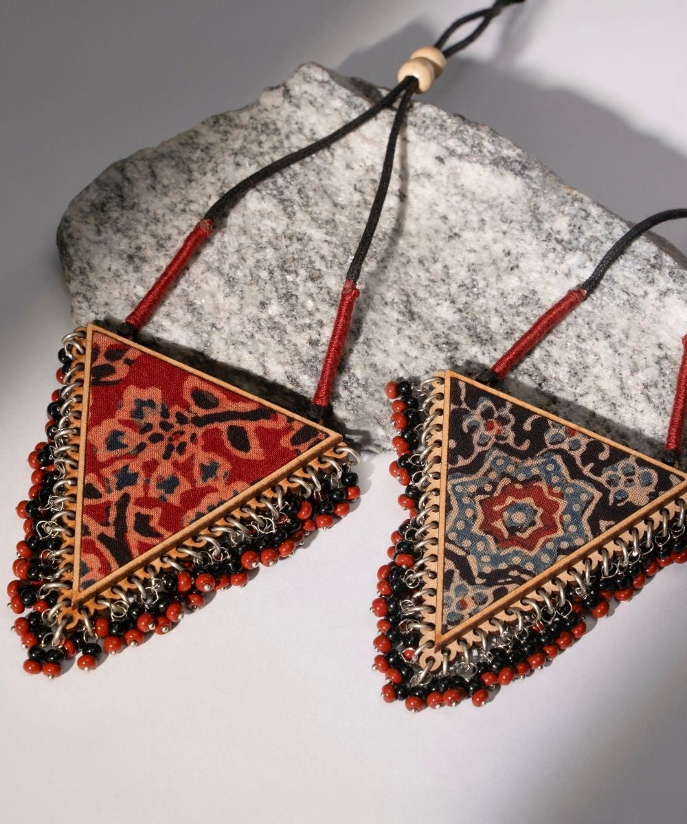 Multicolor two in one repurposed fabric and wood triangle pendant