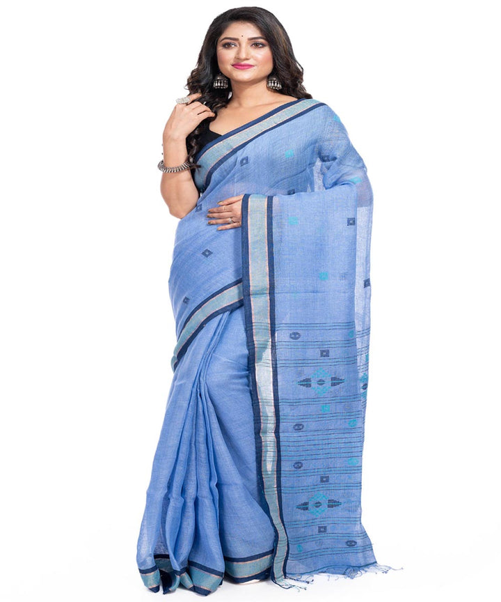 Sky blue handwoven cotton jamdani saree