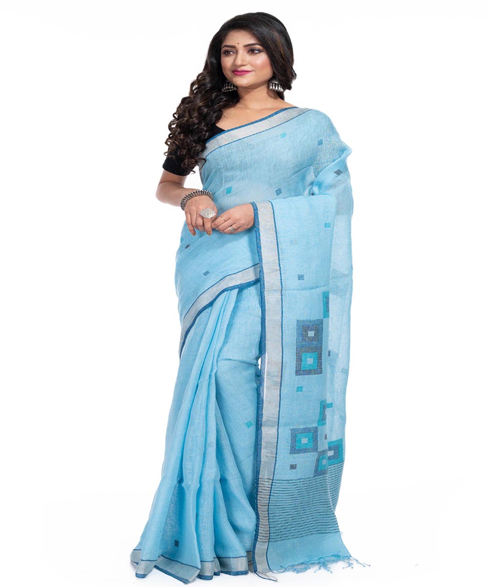Cyan blue handwoven cotton jamdani saree