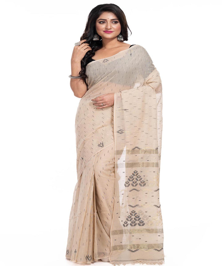 Cream cotton handwoven jamdani saree
