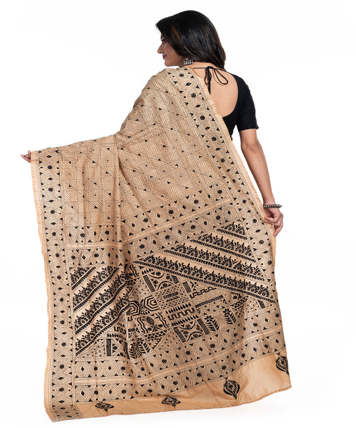 Beige black tussar silk handwoven kantha stitch saree