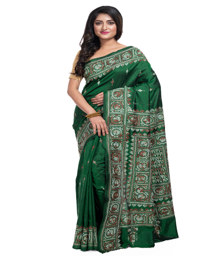 Dark green silk handwoven kantha stitch saree