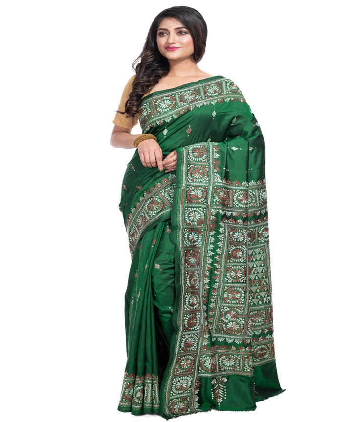 Dark green silk handwoven kantha stitch saree