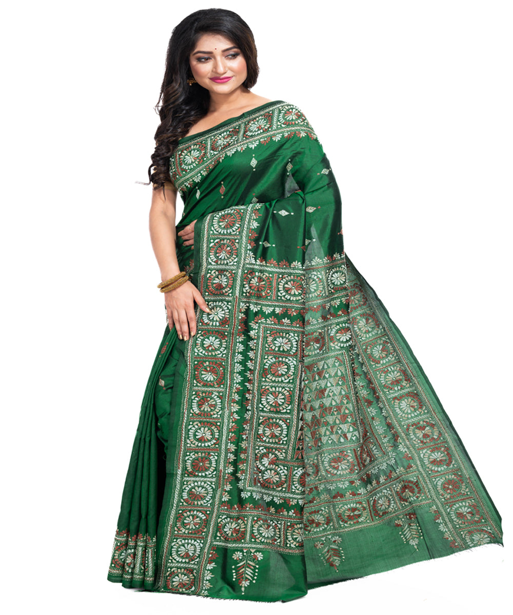 Dark green silk handwoven kantha stitch saree