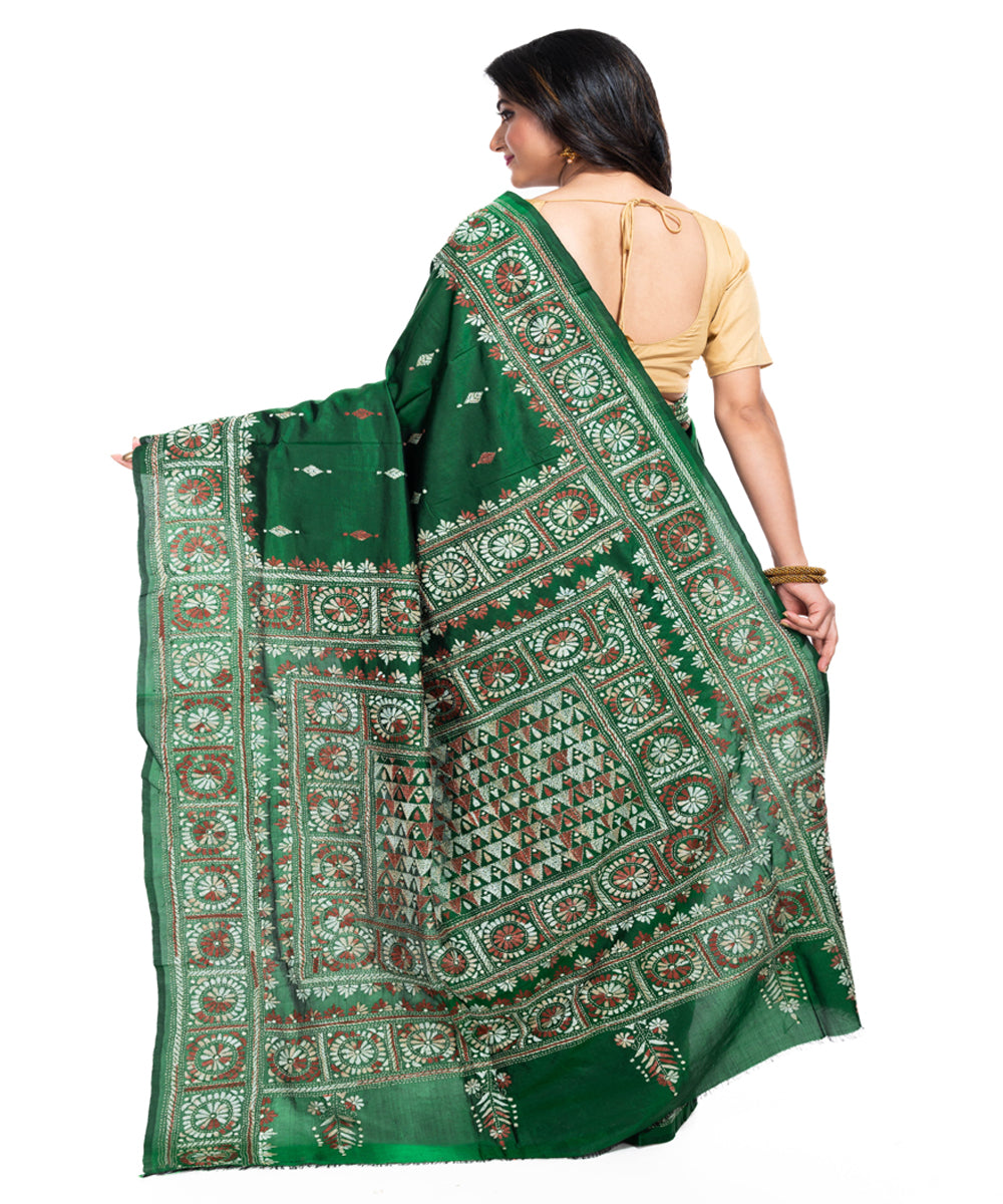 Dark green silk handwoven kantha stitch saree