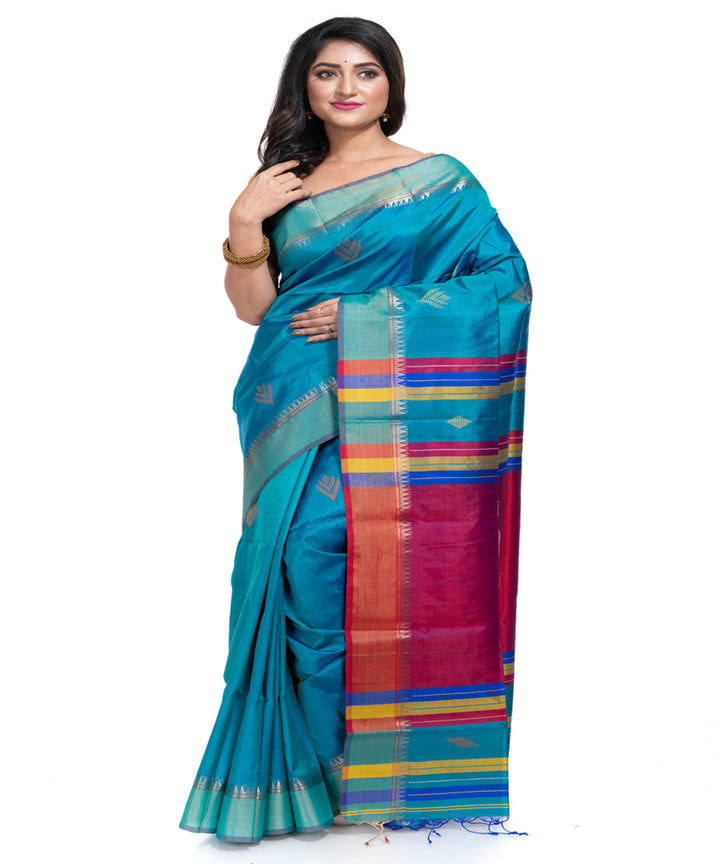 Cyan blue silk handwoven interlock weave saree
