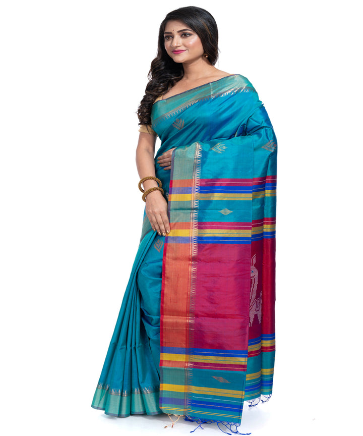 Cyan blue silk handwoven interlock weave saree