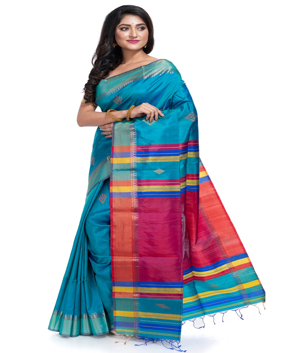 Cyan blue silk handwoven interlock weave saree