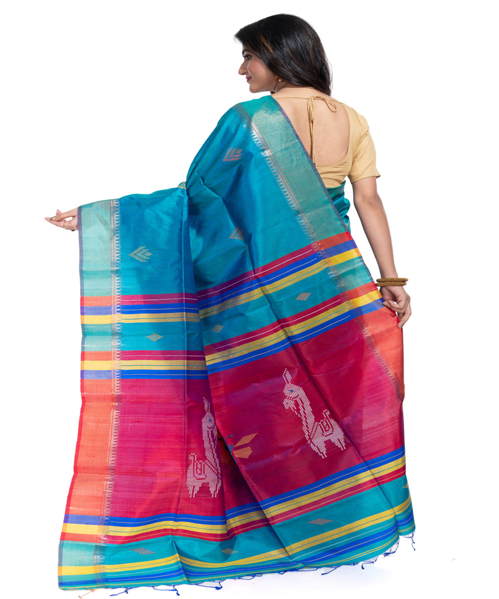 Cyan blue silk handwoven interlock weave saree