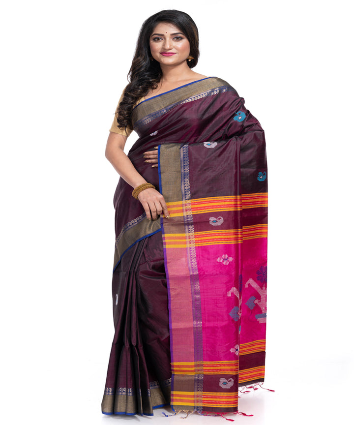 Brown silk handwoven interlock weave saree