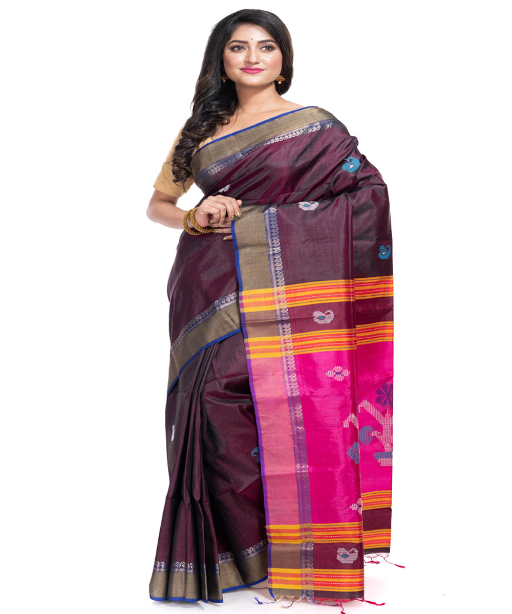 Brown silk handwoven interlock weave saree
