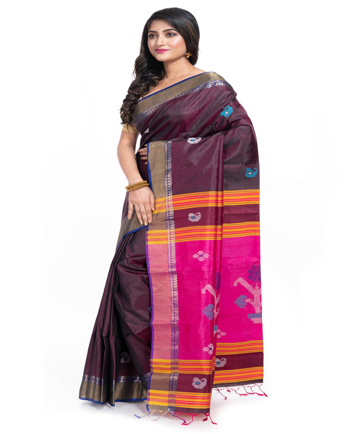 Brown silk handwoven interlock weave saree