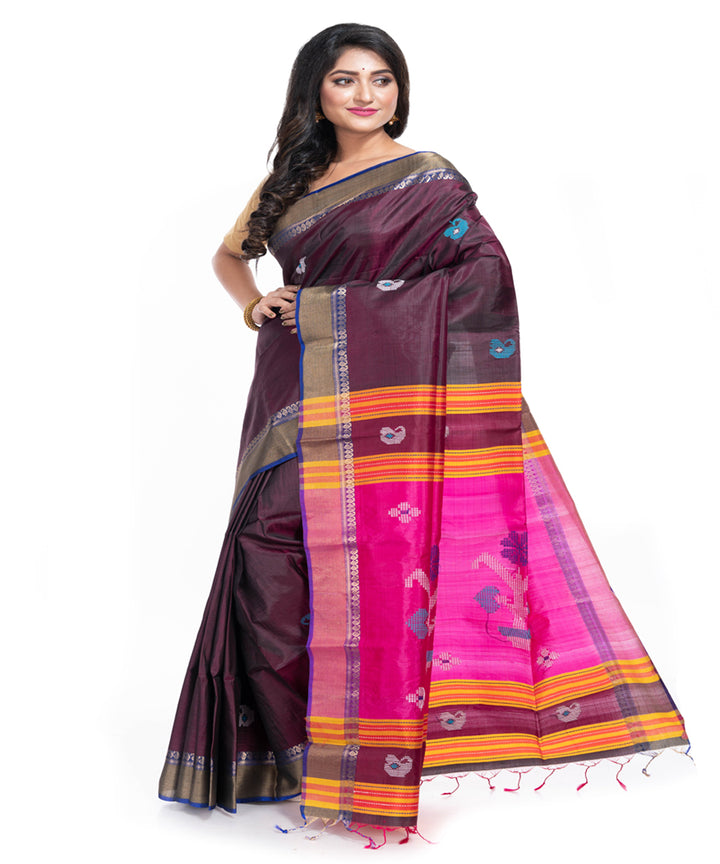 Brown silk handwoven interlock weave saree