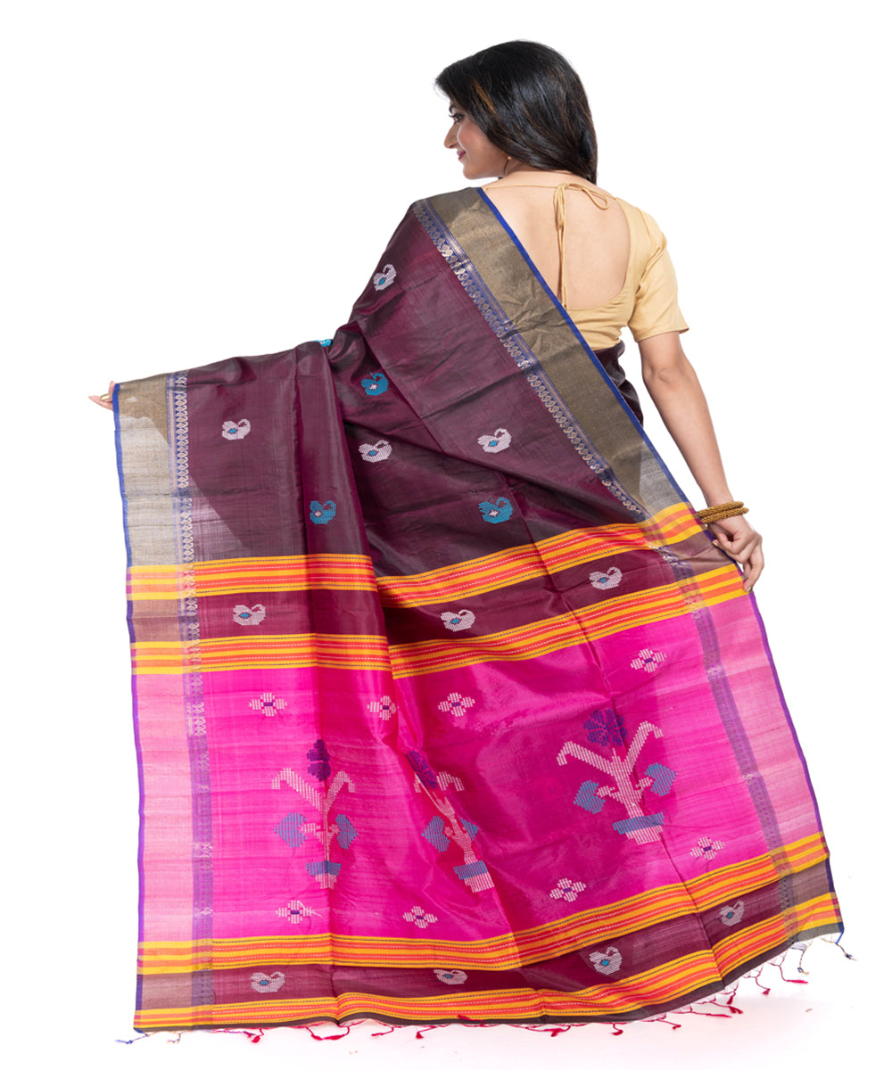 Brown silk handwoven interlock weave saree