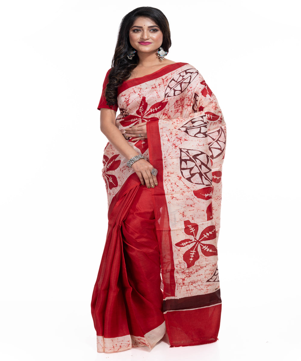 Red silk handwoven batik print saree