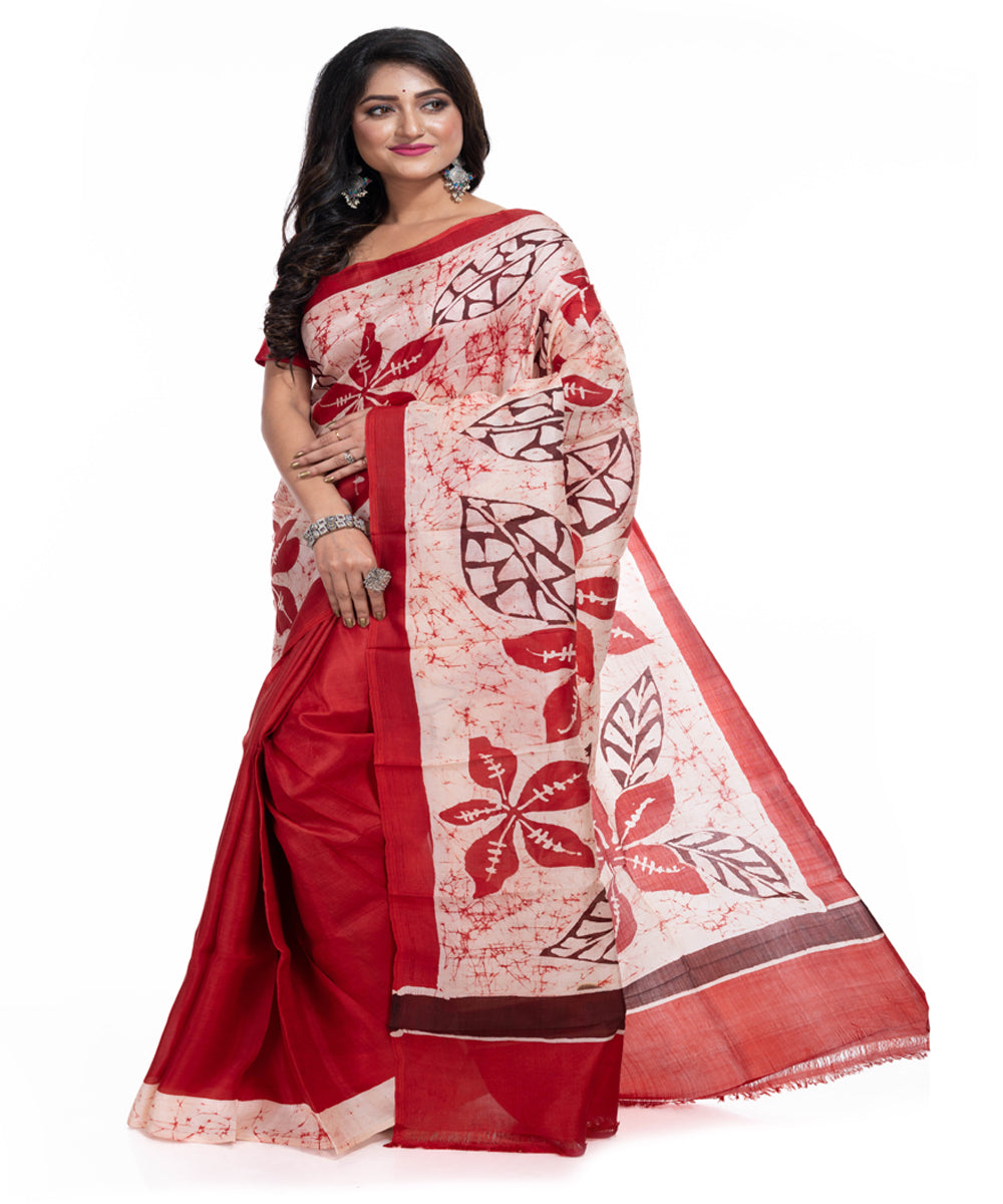 Red silk handwoven batik print saree