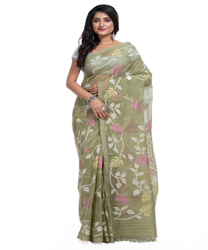 Light green cotton handwoven jamdani saree