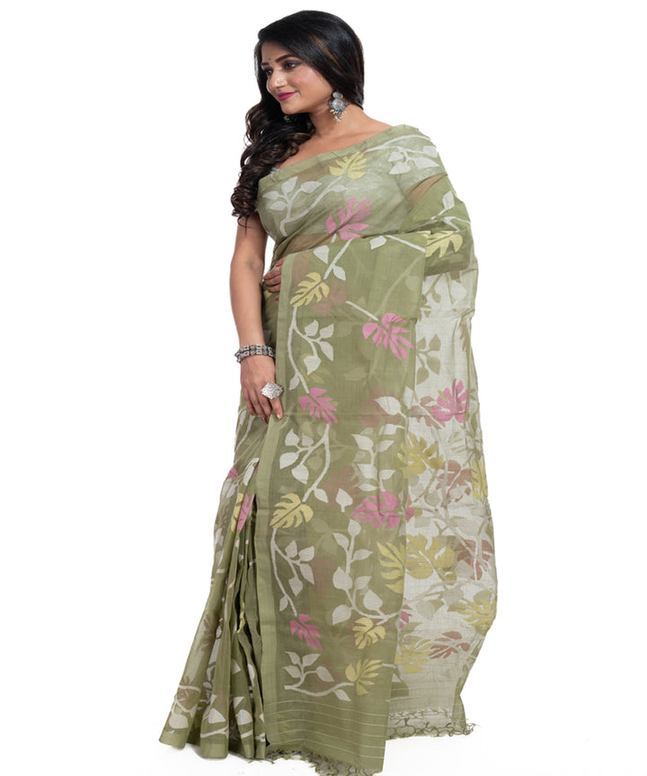 Light green cotton handwoven jamdani saree