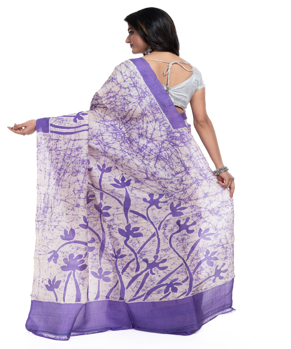 White purple silk handwoven batik print saree