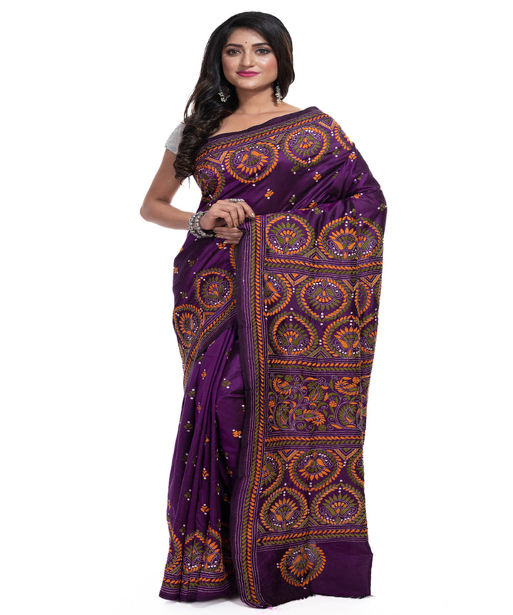 Mauve handwoven kantha stitch silk saree