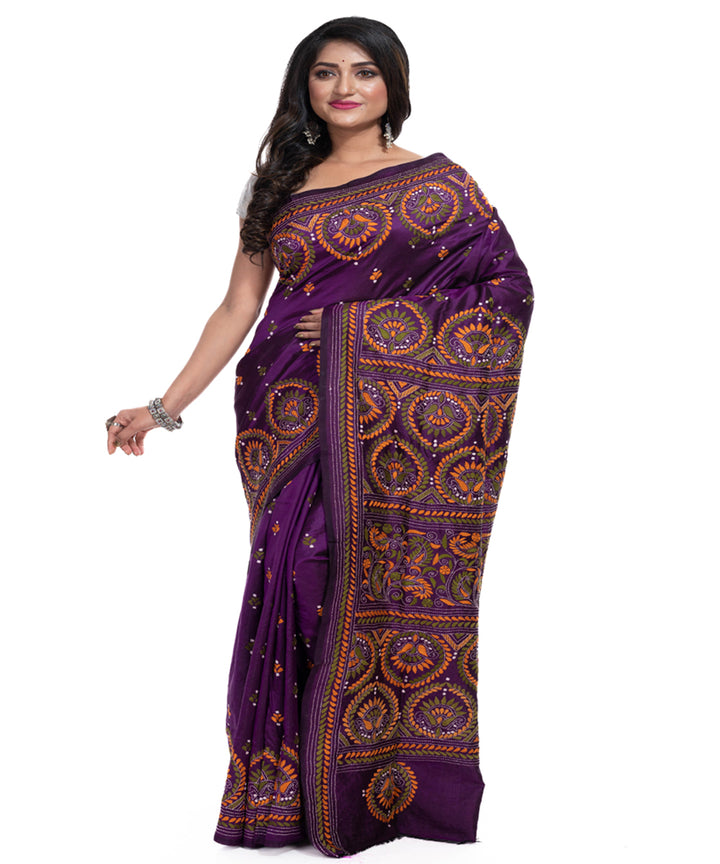 Mauve handwoven kantha stitch silk saree