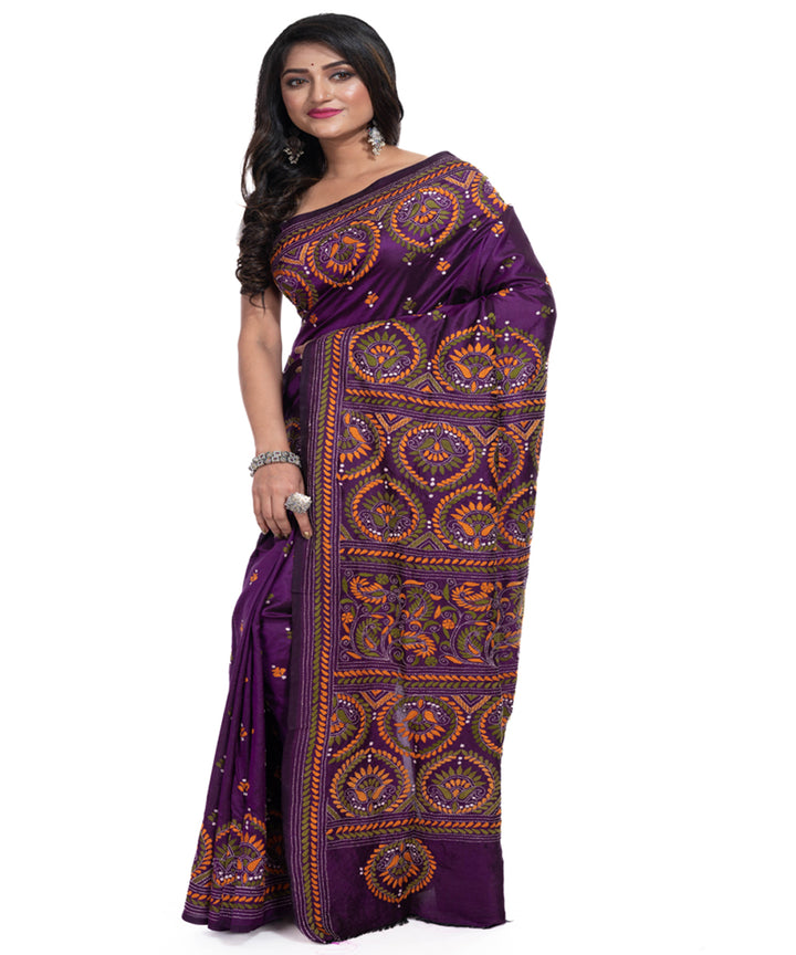 Mauve handwoven kantha stitch silk saree