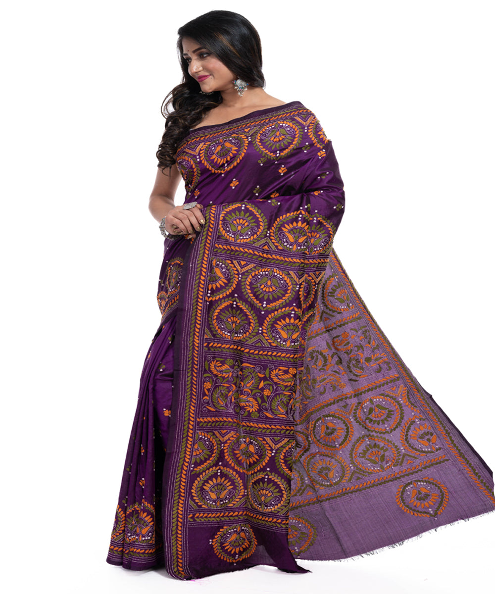 Mauve handwoven kantha stitch silk saree